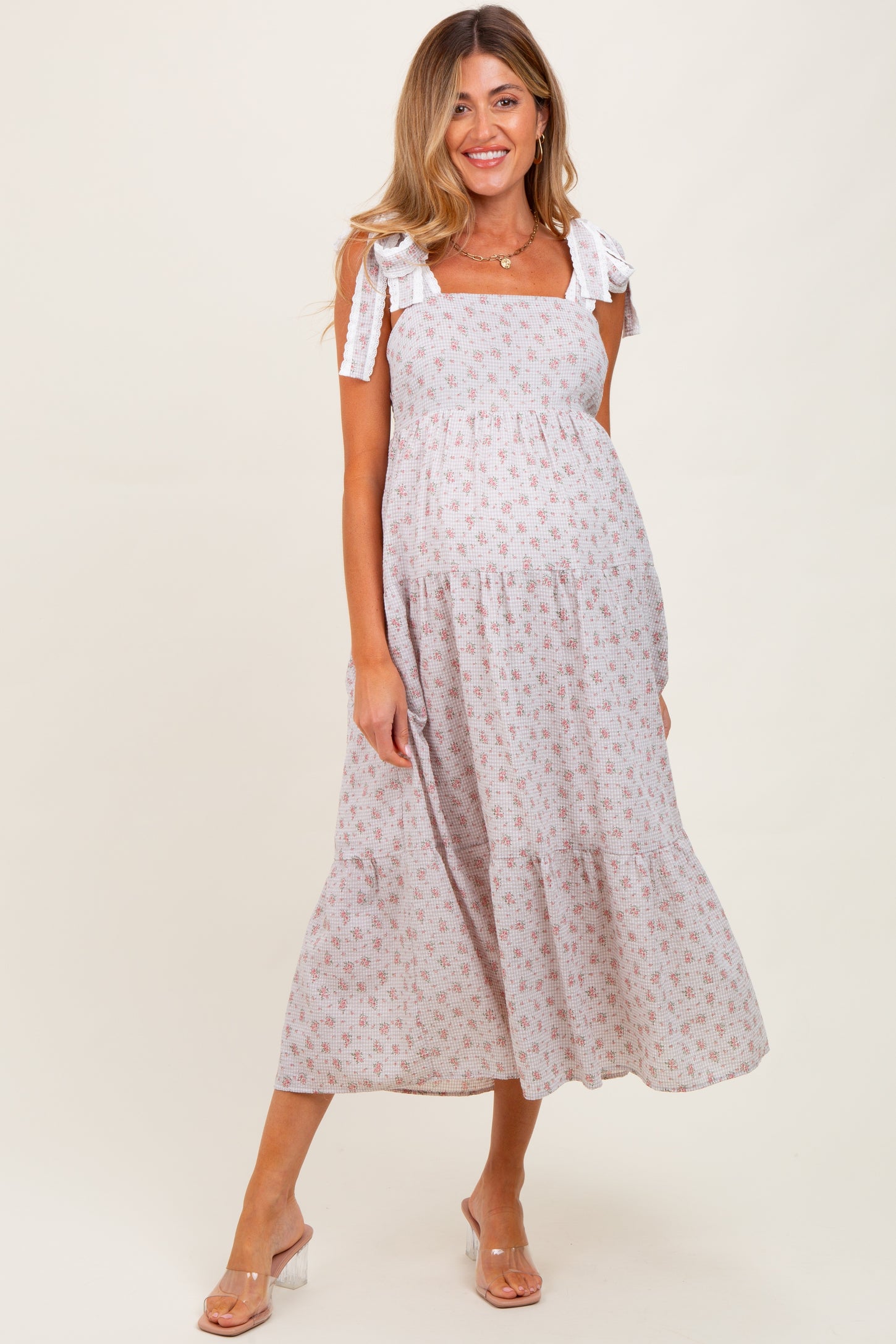 Light Taupe Floral Gingham Shoulder Tie Maternity Midi Dress