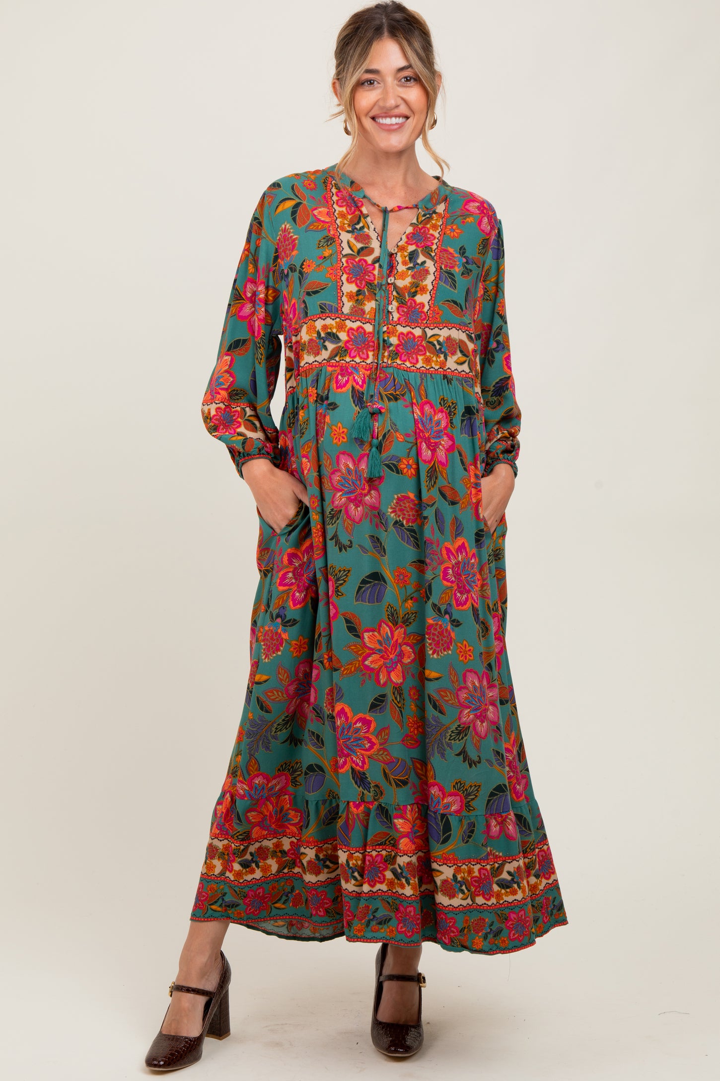 Forest Green Floral Tassel Tie Long Sleeve Maternity Maxi Dress