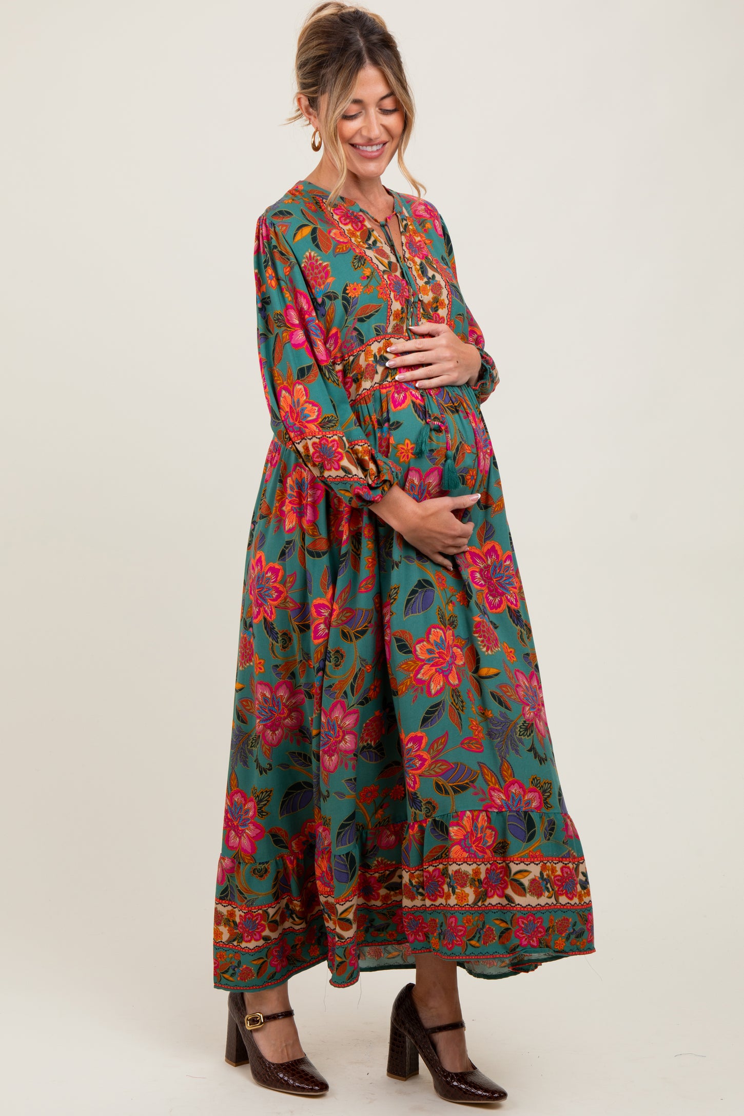 Forest Green Floral Tassel Tie Long Sleeve Maternity Maxi Dress