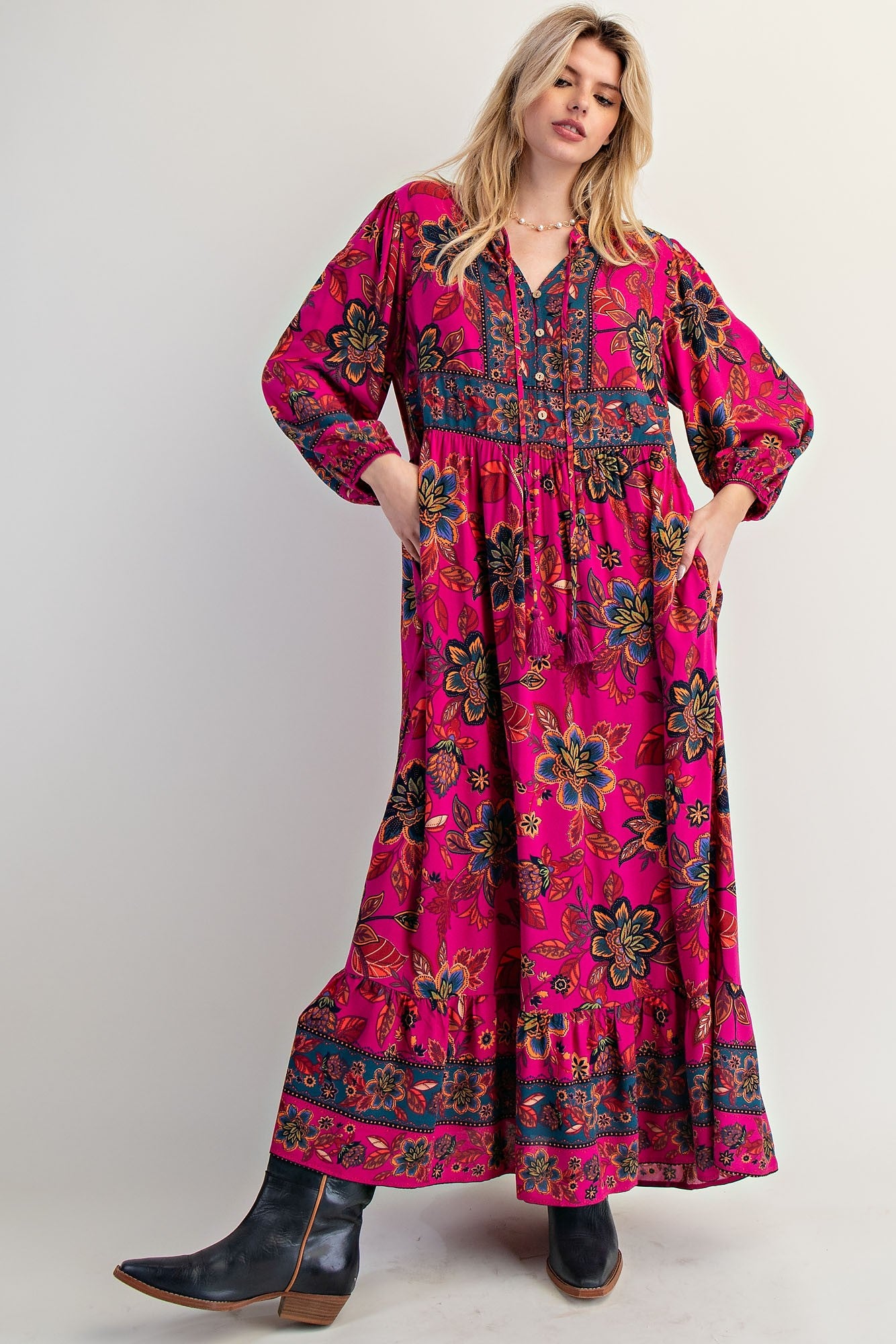 Magenta Floral Tassel Tie Long Sleeve Maxi Dress