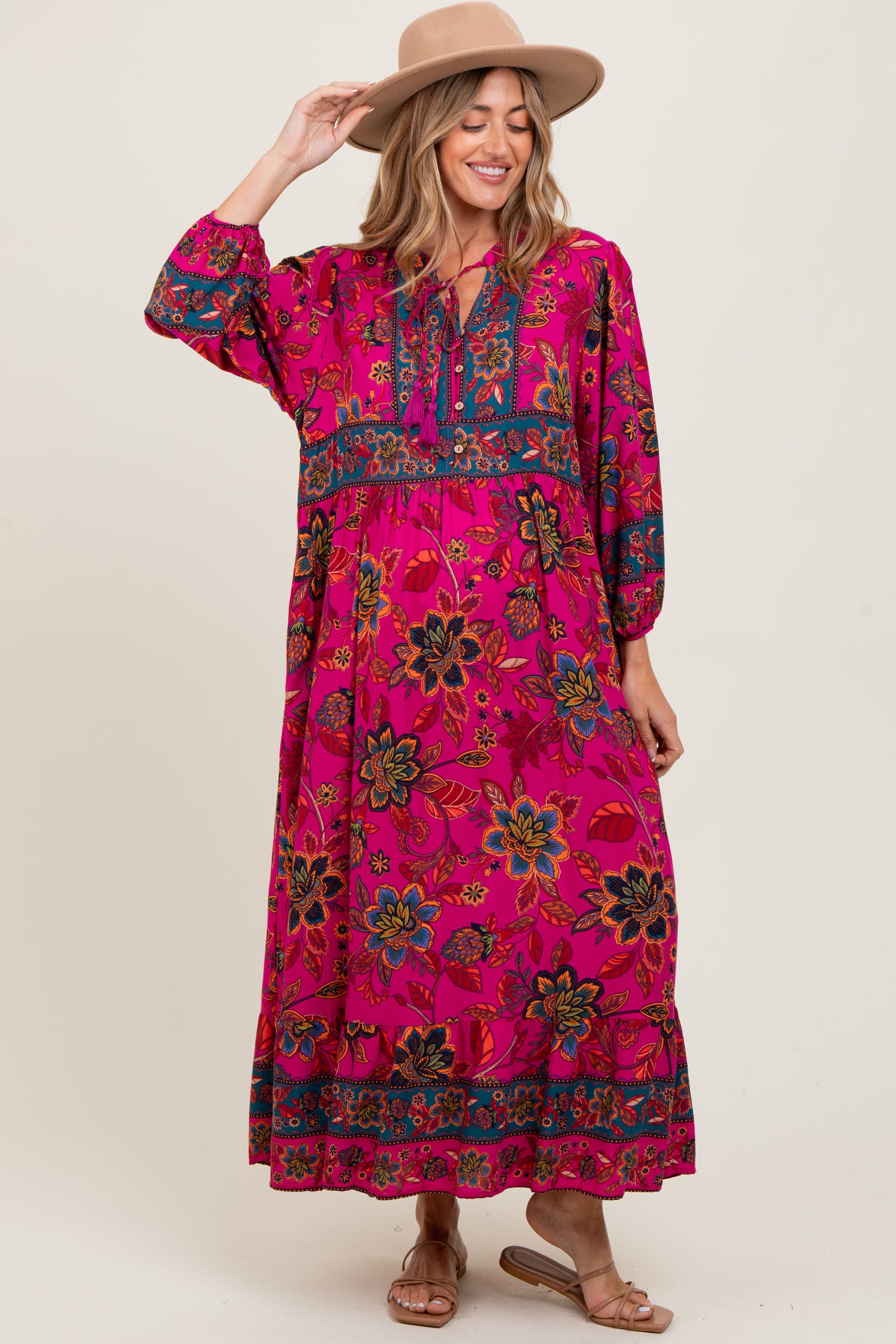 Magenta Floral Tassel Tie Long Sleeve Maternity Maxi Dress
