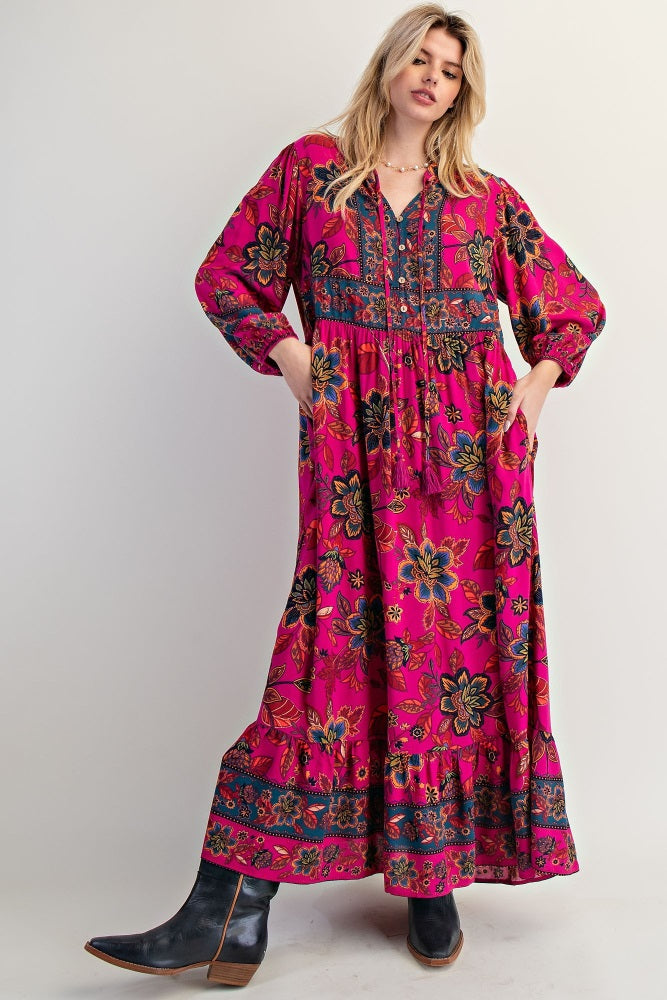 Magenta Floral Tassel Tie Long Sleeve Maternity Maxi Dress