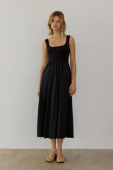 Black Contrast Knit Poplin Sleeveless Maternity Midi Dress
