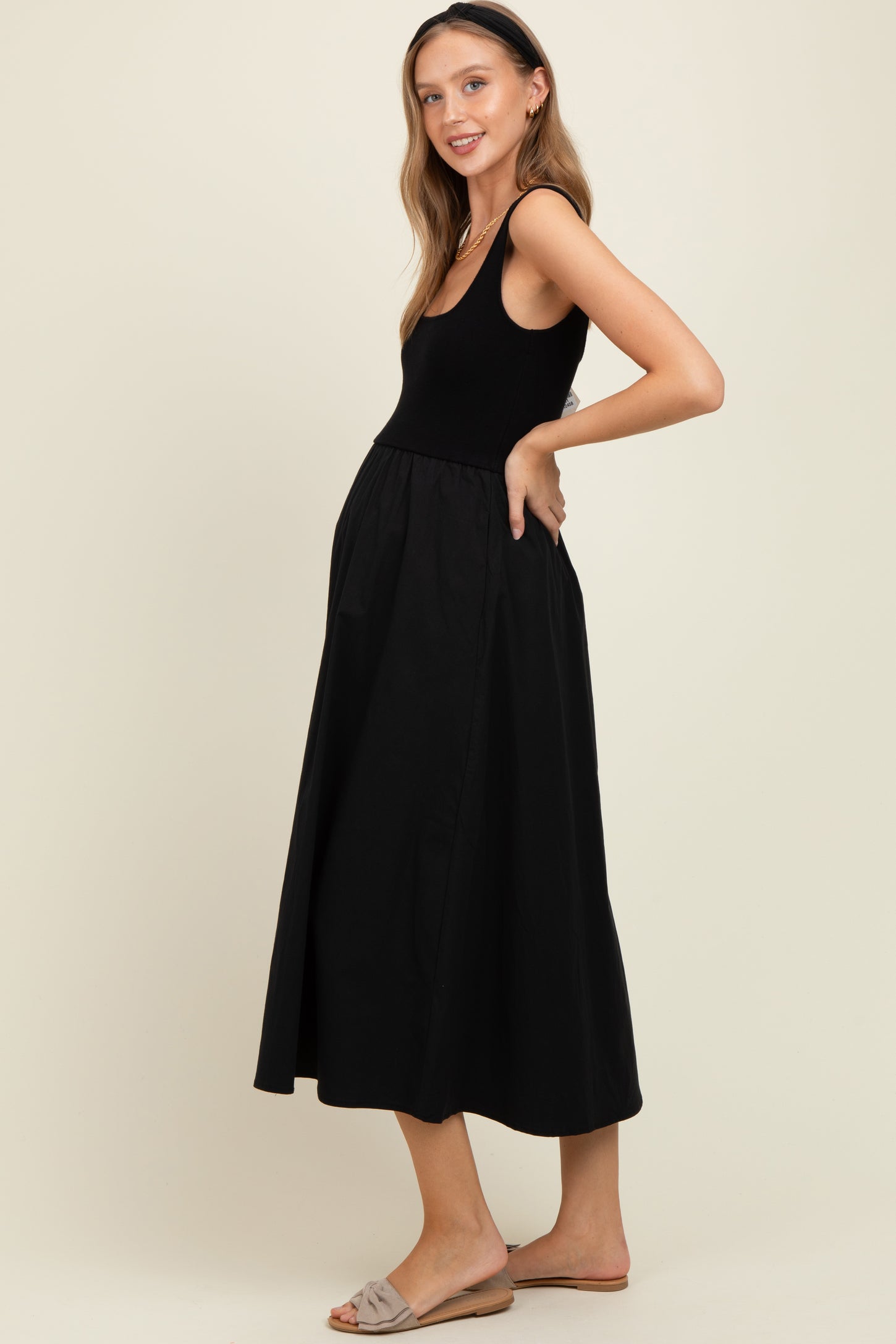 Black Contrast Knit Poplin Sleeveless Maternity Midi Dress