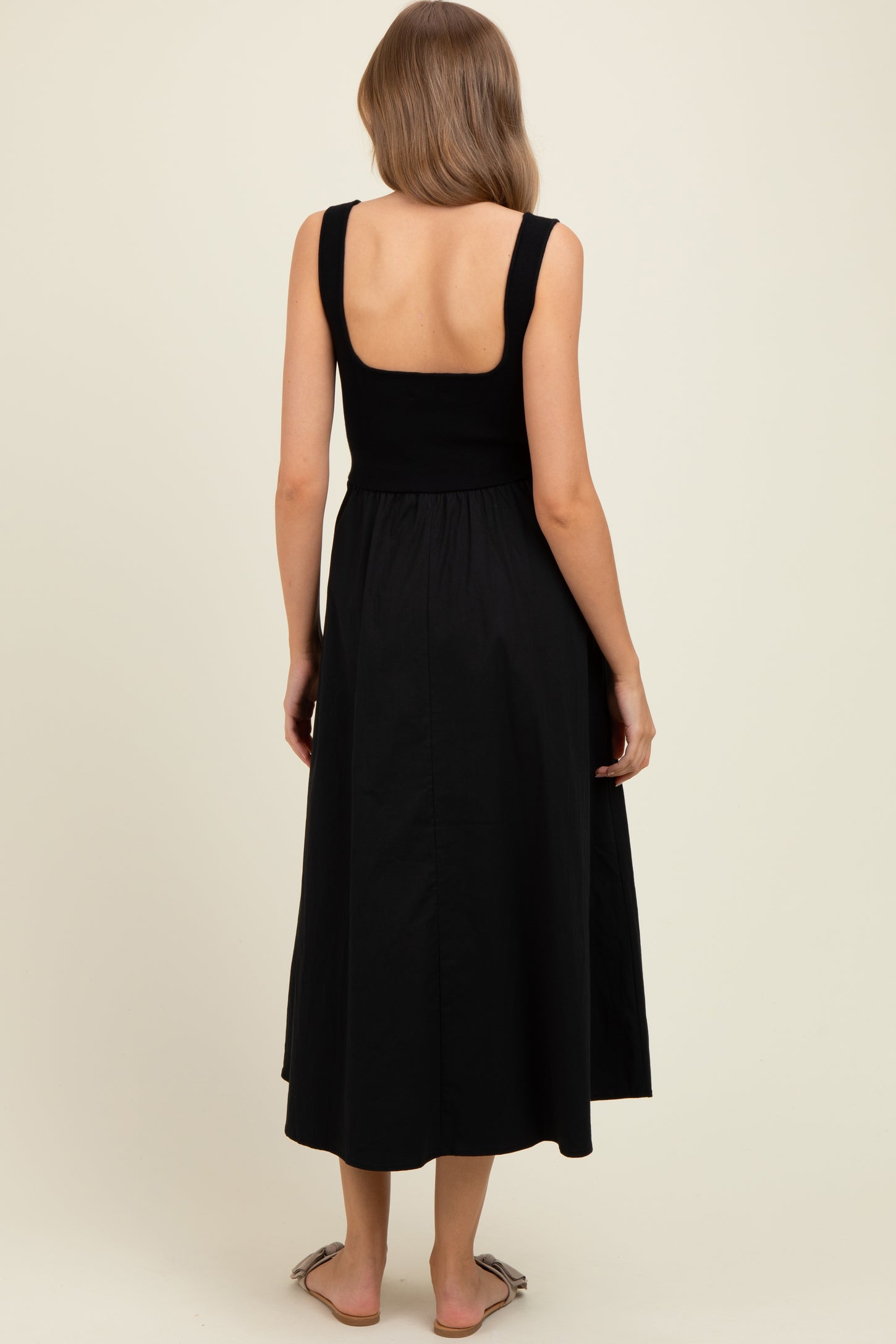 Black Contrast Knit Poplin Sleeveless Maternity Midi Dress