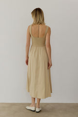 Light Camel Contrast Knit Poplin Sleeveless Midi Dress