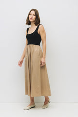 Beige Black Contrast Knit Poplin Sleeveless Midi Dress