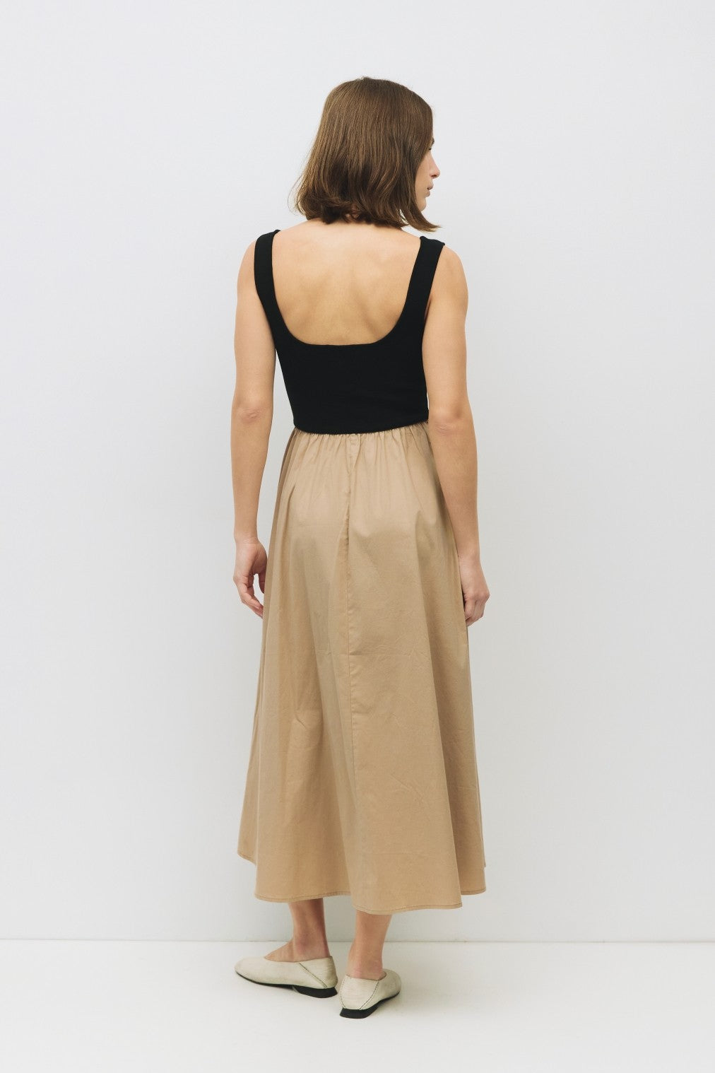 Beige Black Contrast Knit Poplin Sleeveless Midi Dress