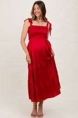 Red Satin Smocked Shoulder Tie Maternity Maxi Dress
