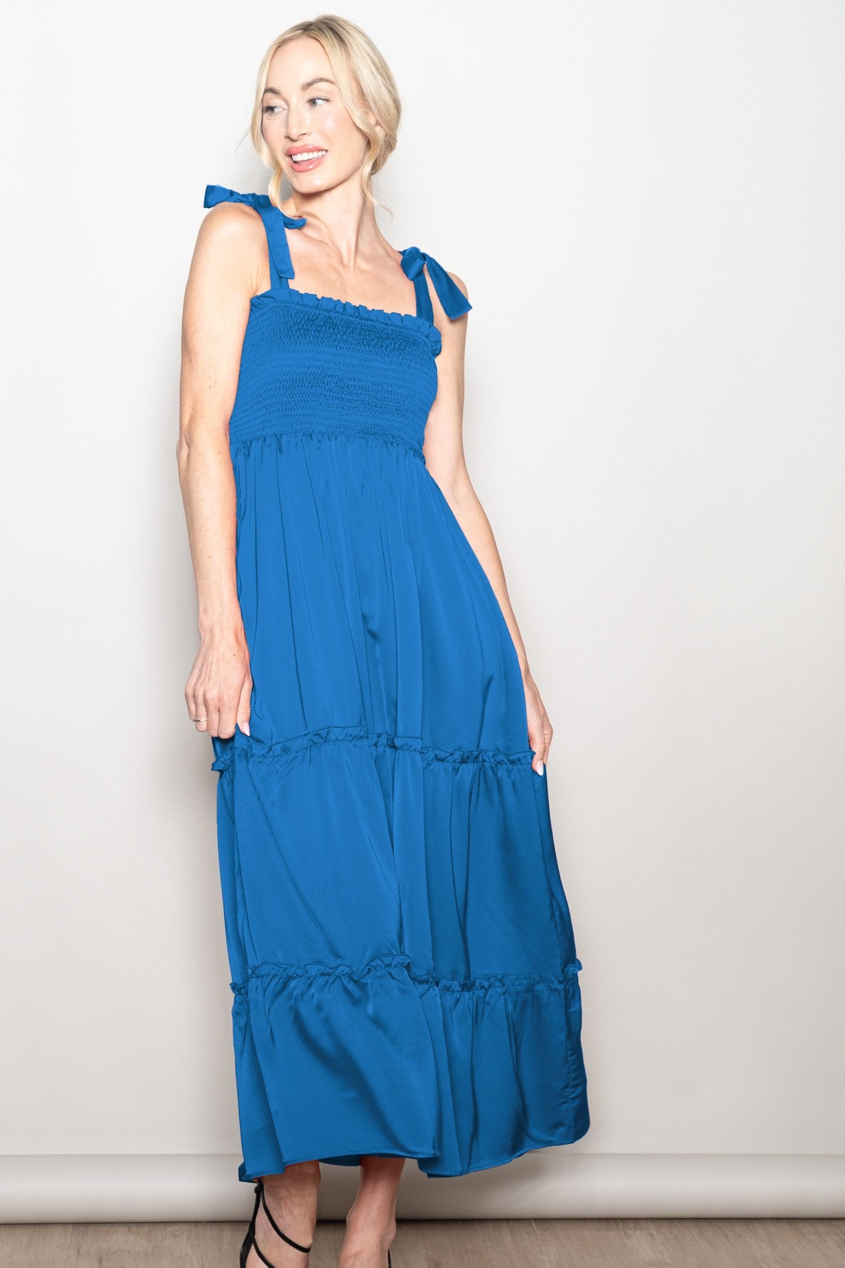 Blue Satin Smocked Maxi Dress