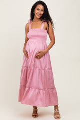 Pink Satin Smocked Maternity Maxi Dress