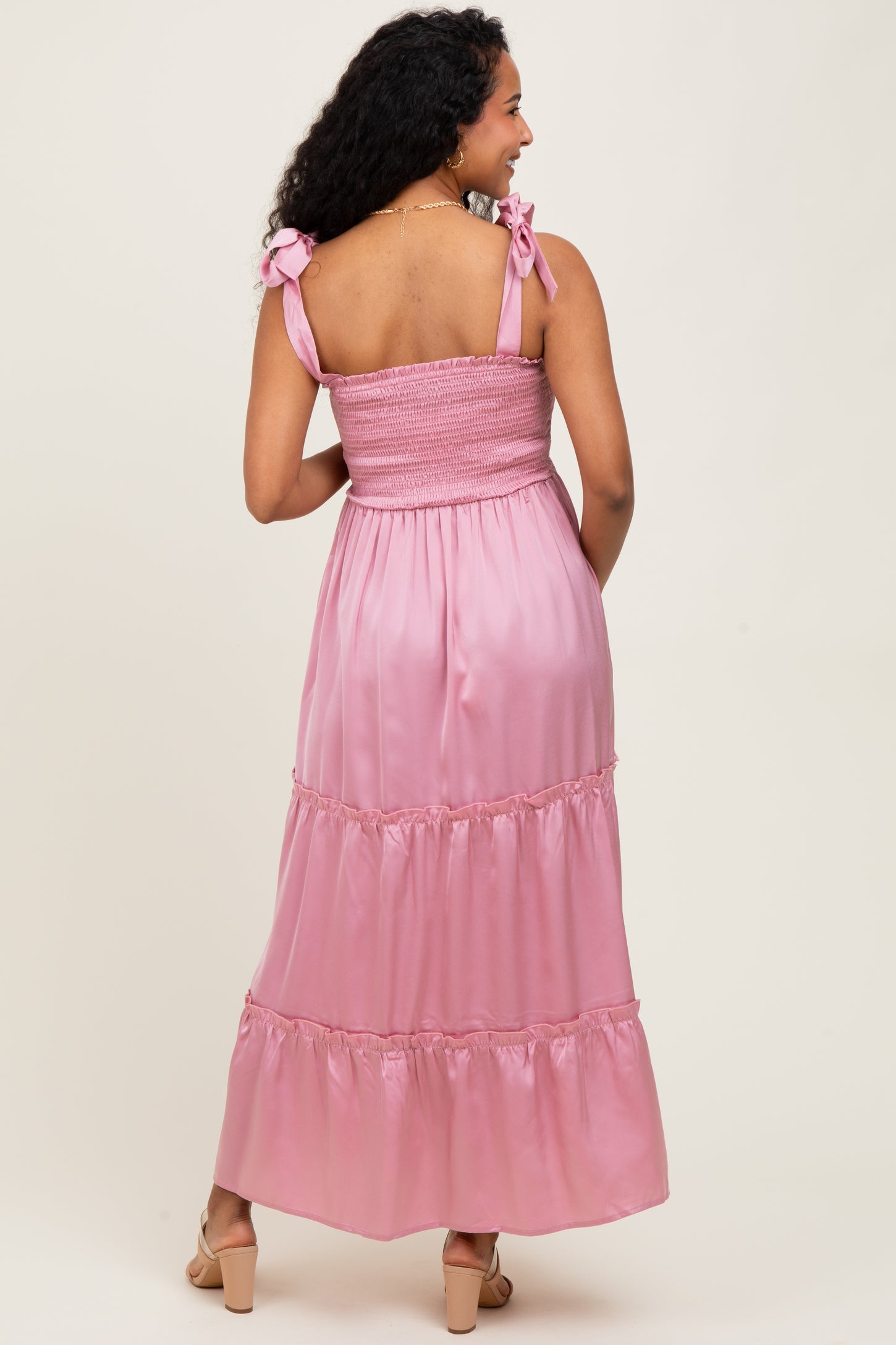 Pink Satin Smocked Maternity Maxi Dress
