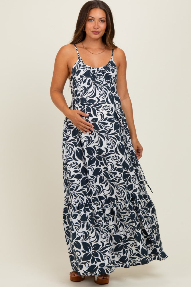 Charcoal Floral Waist Tie Maternity Maxi Dress