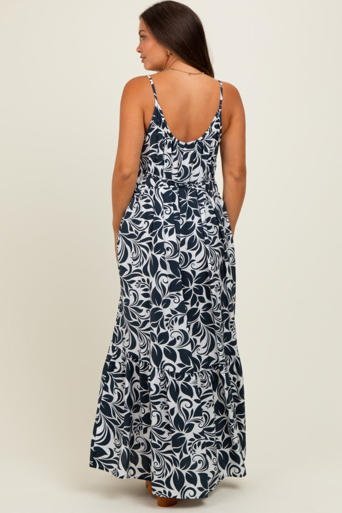 Charcoal Floral Waist Tie Maternity Maxi Dress
