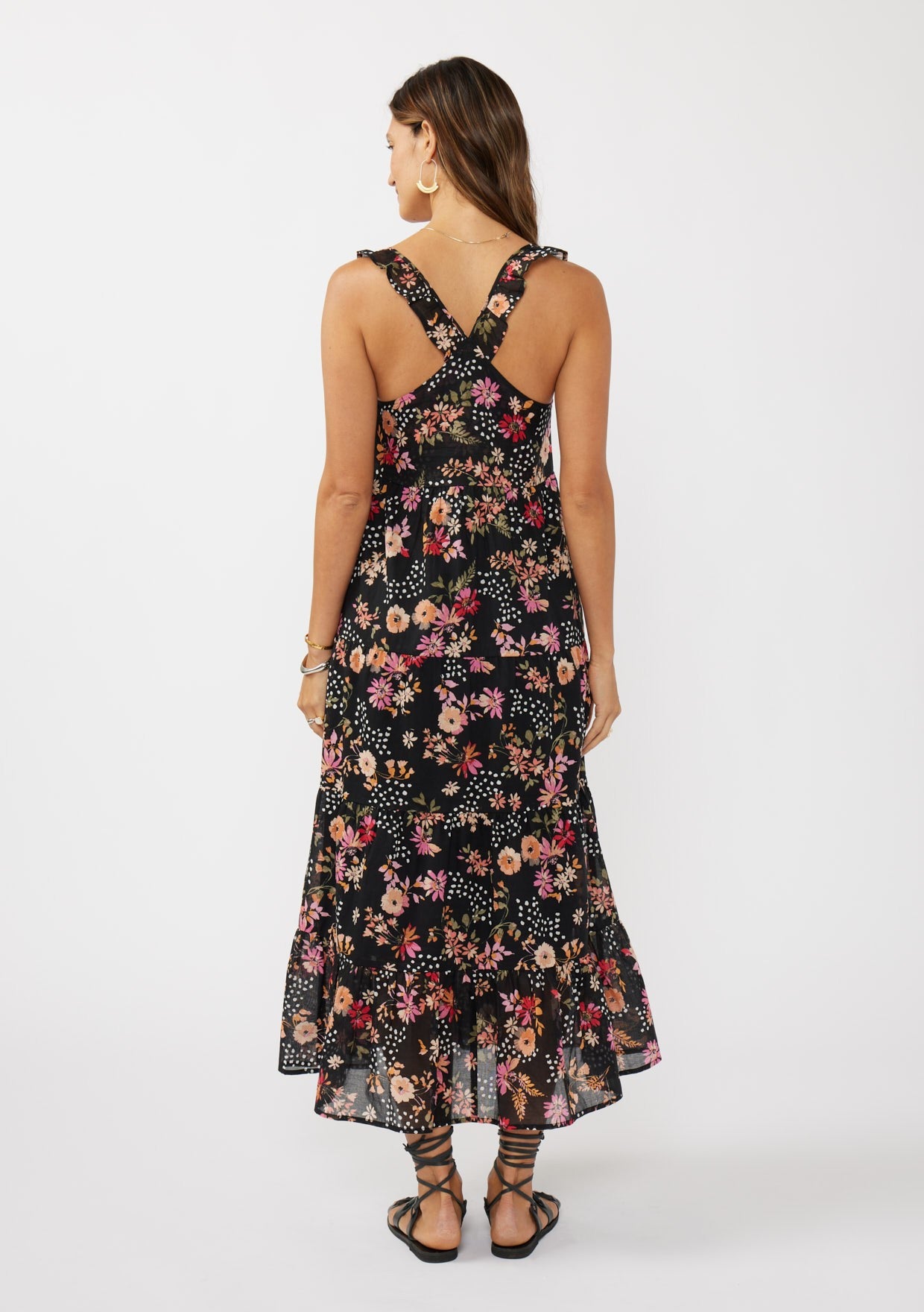 Black Floral Chiffon Button Front Midi Dress
