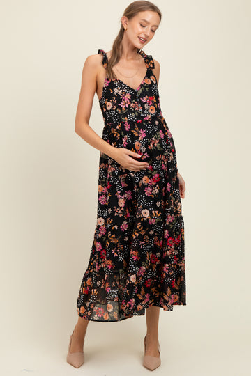 Black Floral Chiffon Button Front Maternity Midi Dress