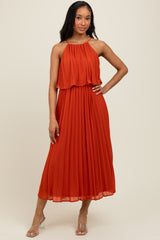 Rust Pleated Woven Midi Dress