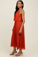 Rust Pleated Woven Midi Dress