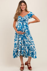 Blue Cream Smocked Top Maternity Midi Dress