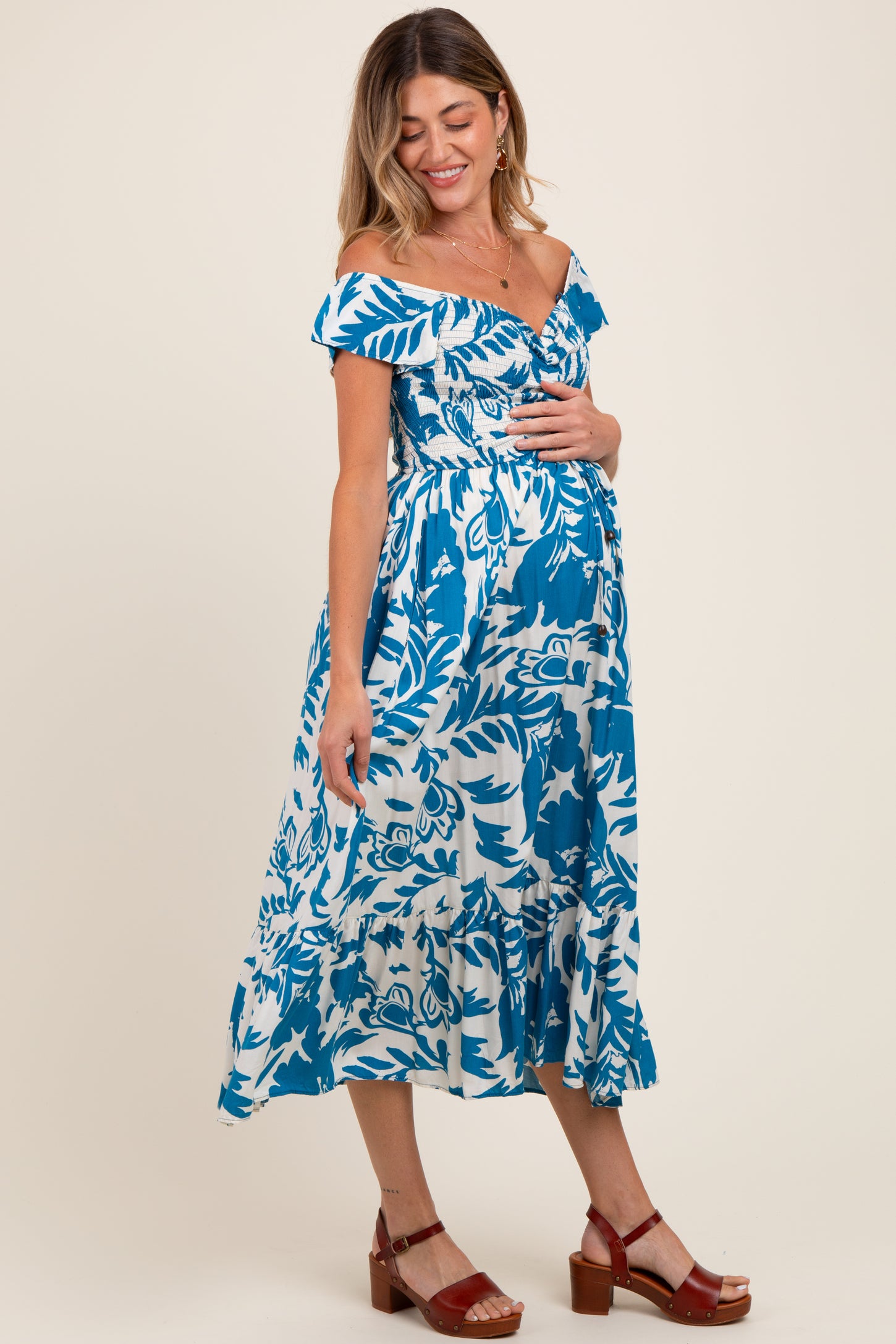 Blue Cream Smocked Top Maternity Midi Dress