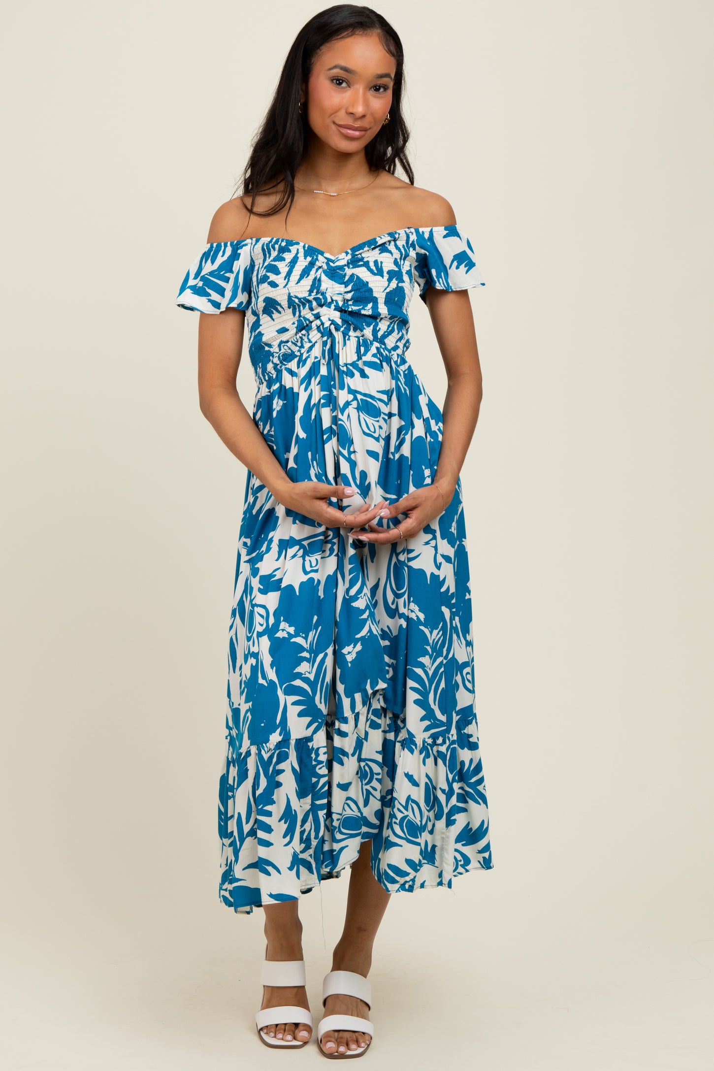 Blue Cream Smocked Top Midi Dress