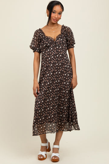 Black Floral Chiffon Sweetheart Puff Sleeve Midi Dress