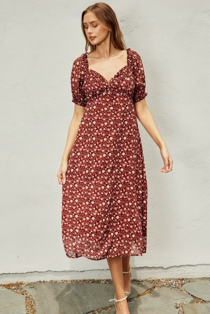 Burgundy Floral Chiffon Sweetheart Puff Sleeve Maternity Midi Dress