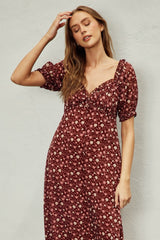 Burgundy Floral Chiffon Sweetheart Puff Sleeve Midi Dress