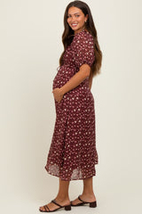 Burgundy Floral Chiffon Sweetheart Puff Sleeve Maternity Midi Dress