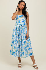 Blue Floral Sleeveless Sash Tie Midi Dress