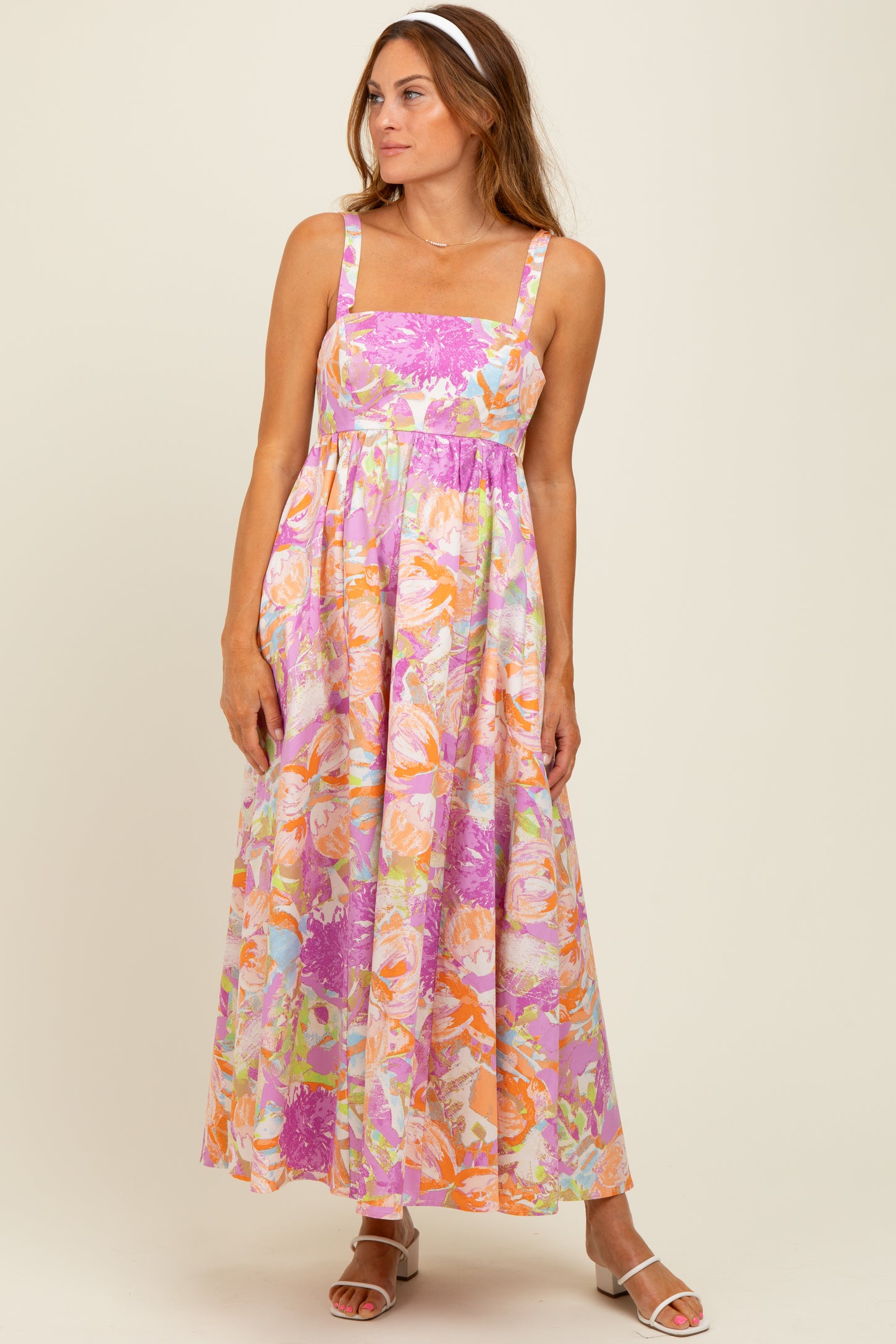 Pink Floral Cutout Tie Back Maxi Dress
