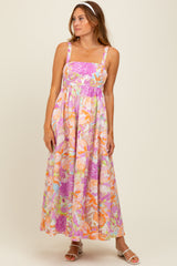 Pink Floral Cutout Tie Back Maxi Dress
