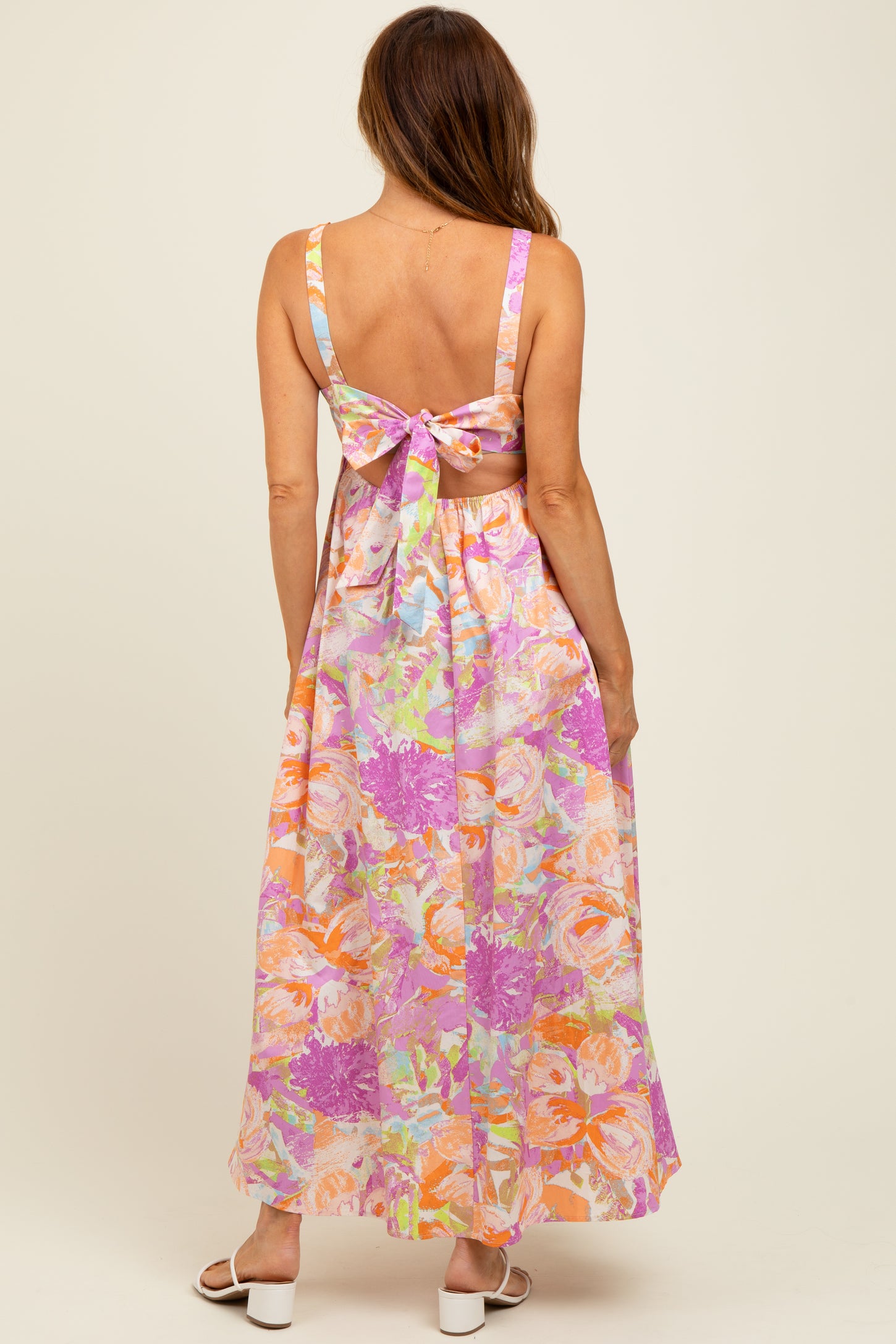 Pink Floral Cutout Tie Back Maxi Dress