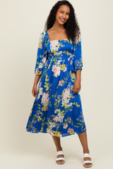 Royal Blue Floral Square Neck 3/4 Sleeve Midi Dress