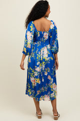 Royal Blue Floral Square Neck 3/4 Sleeve Midi Dress
