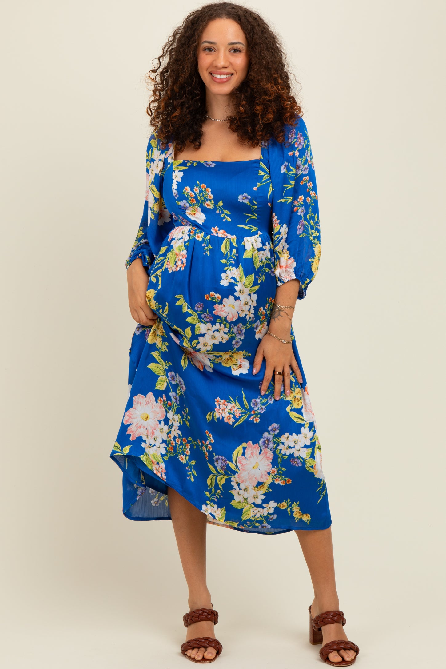 Royal Blue Floral Square Neck 3/4 Sleeve Maternity Midi Dress