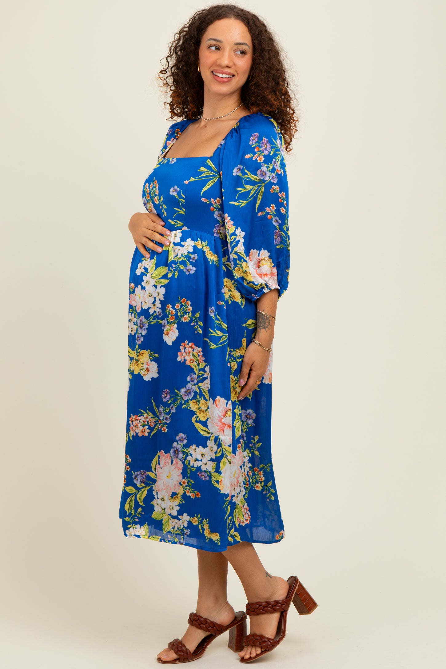 Royal Blue Floral Square Neck 3/4 Sleeve Maternity Midi Dress