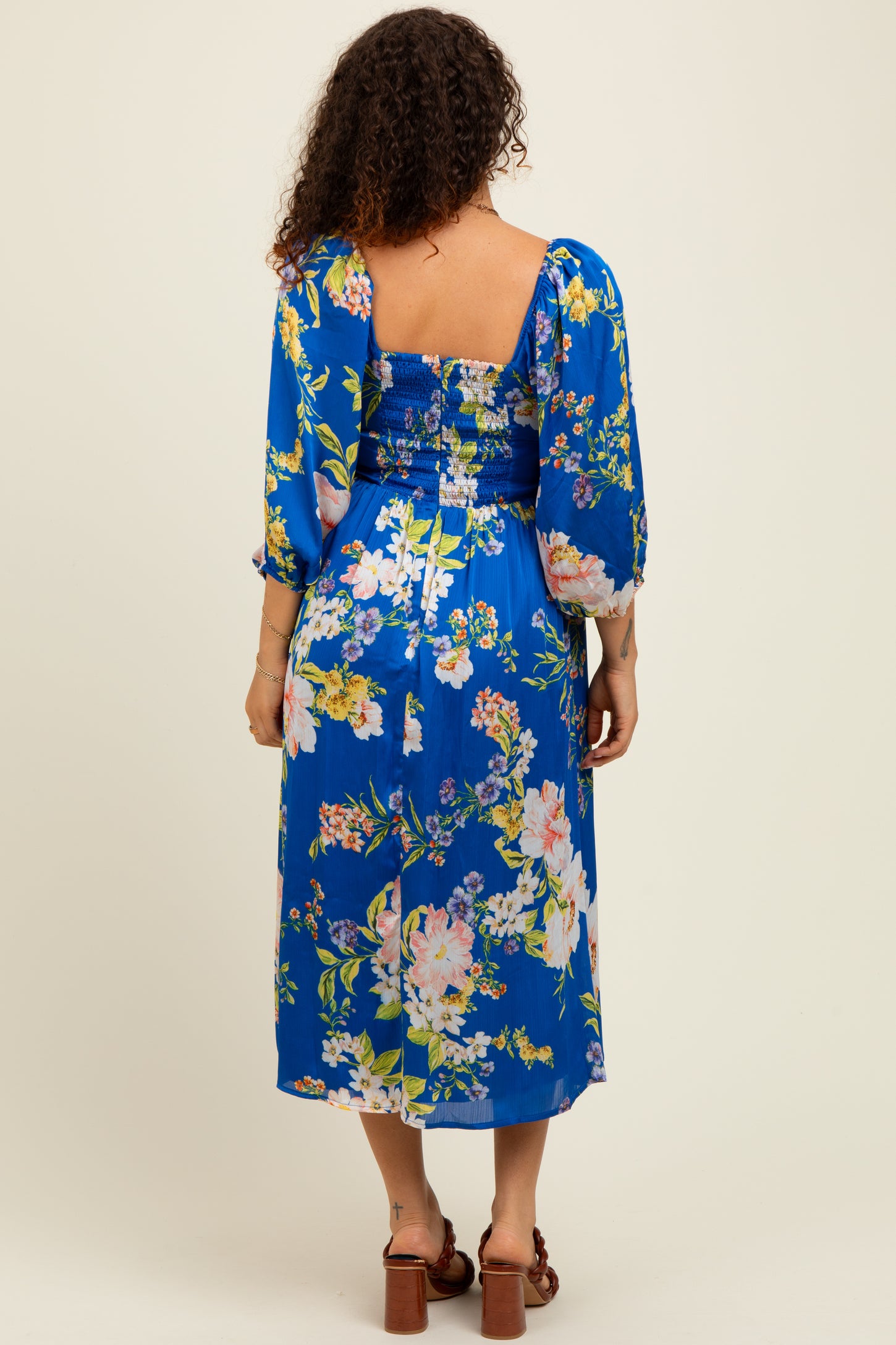 Royal Blue Floral Square Neck 3/4 Sleeve Maternity Midi Dress