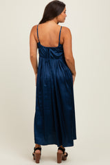 Navy Satin Sleeveless Tie-Back Maternity Midi Dress