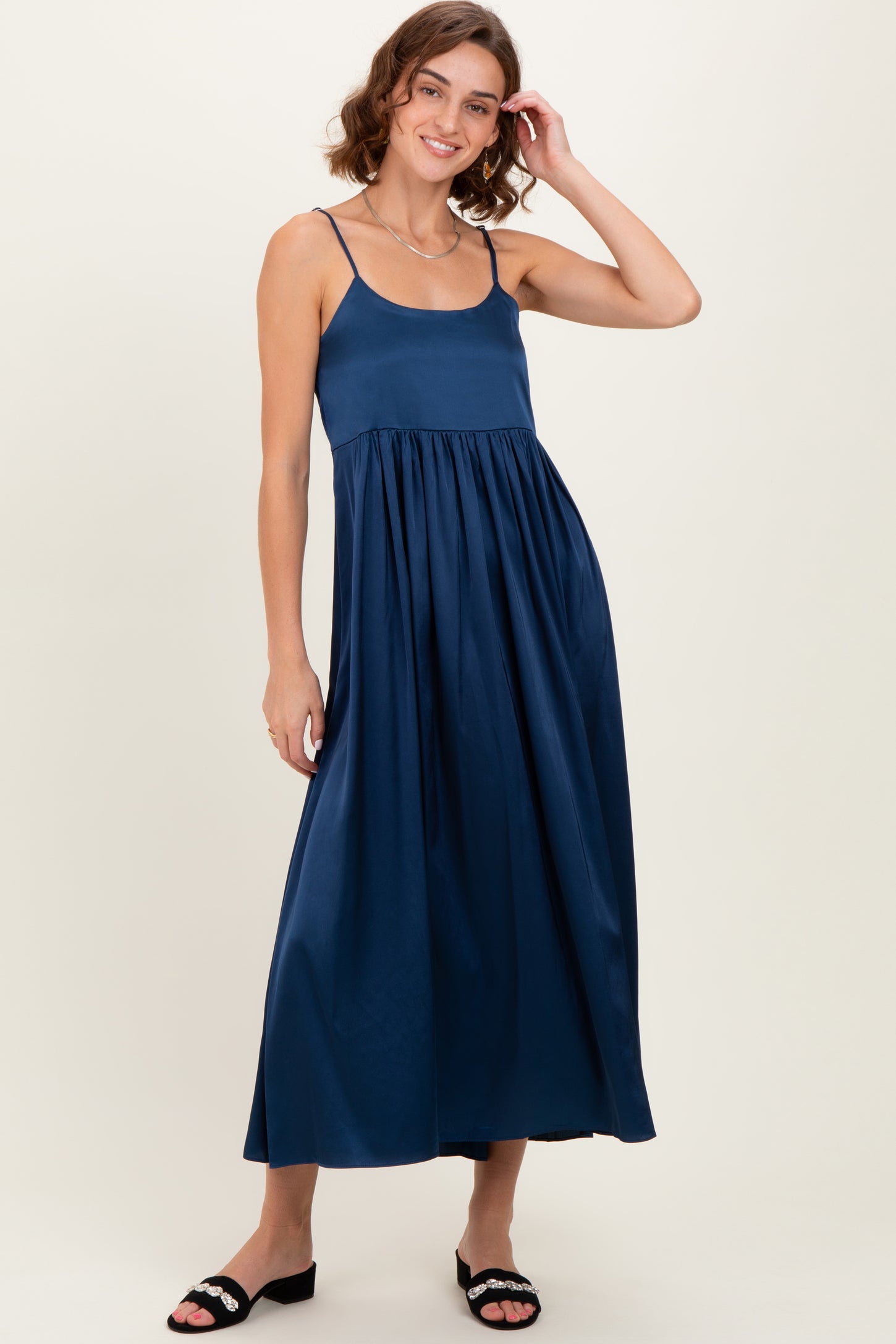 Navy Satin Sleeveless Tie-Back Midi Dress