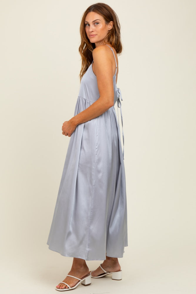 Light Grey Satin Sleeveless Tie-Back Midi Dress