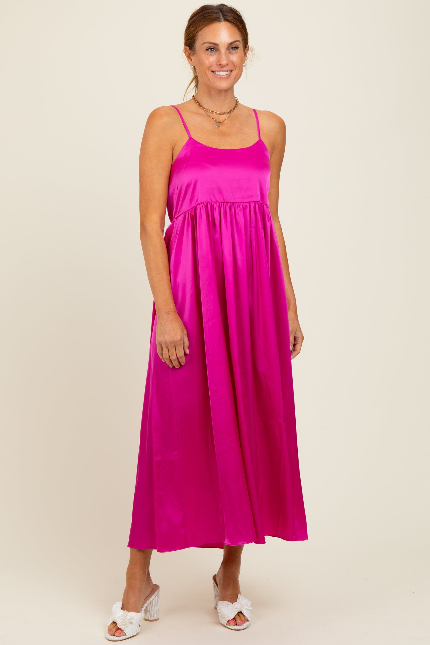 Fuchsia Satin Sleeveless Tie-Back Midi Dress