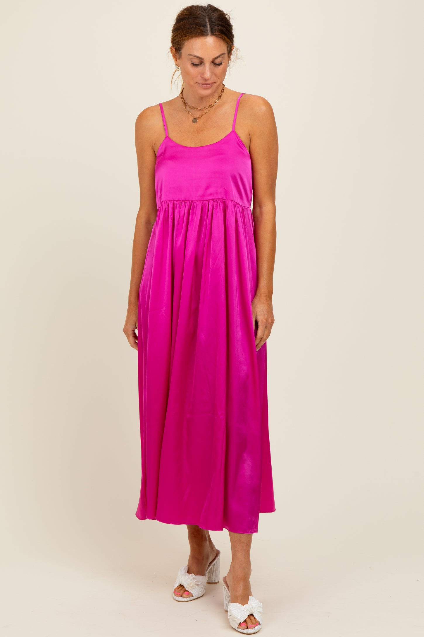 Fuchsia Satin Sleeveless Tie-Back Midi Dress