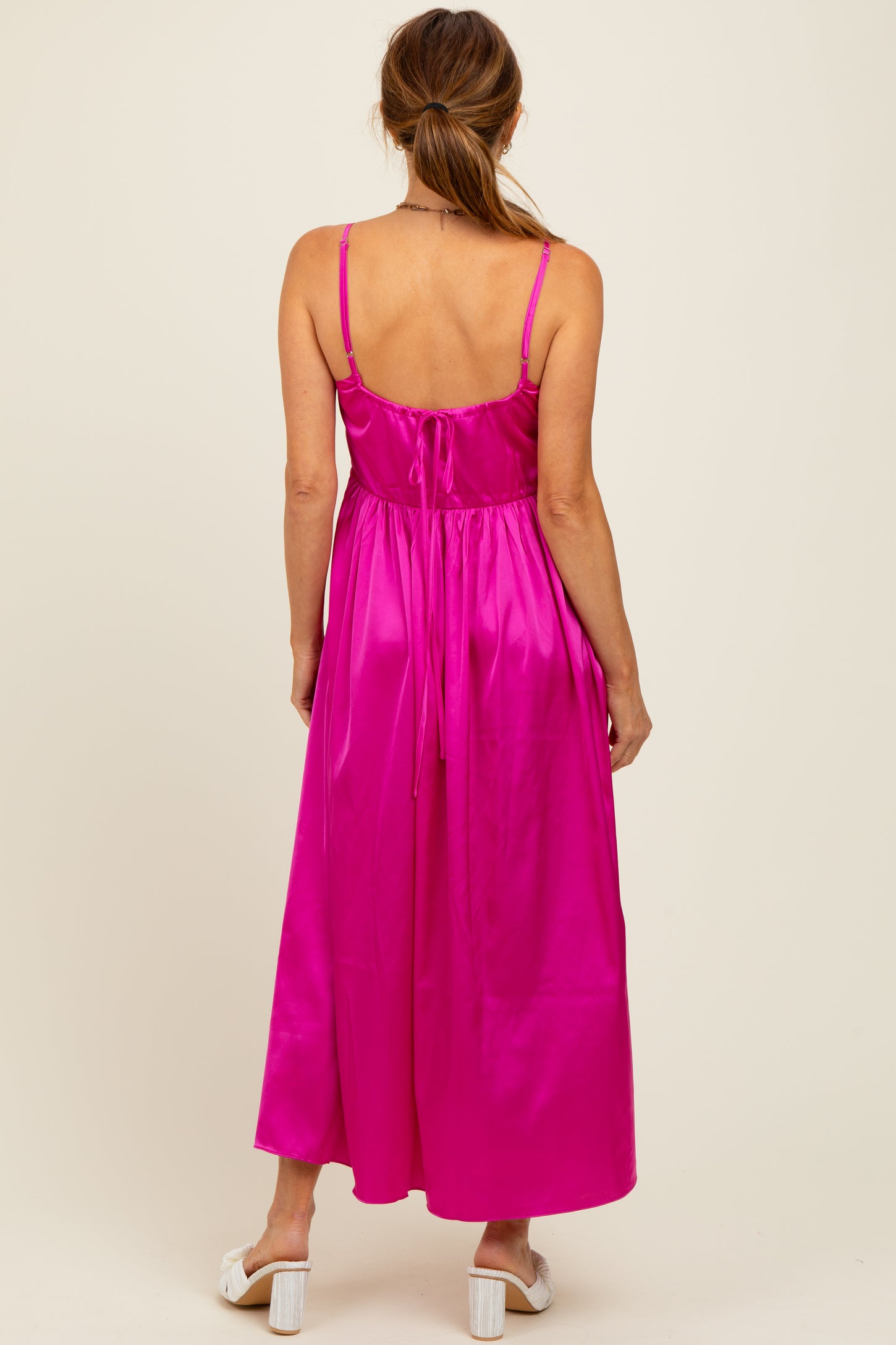 Fuchsia Satin Sleeveless Tie-Back Midi Dress