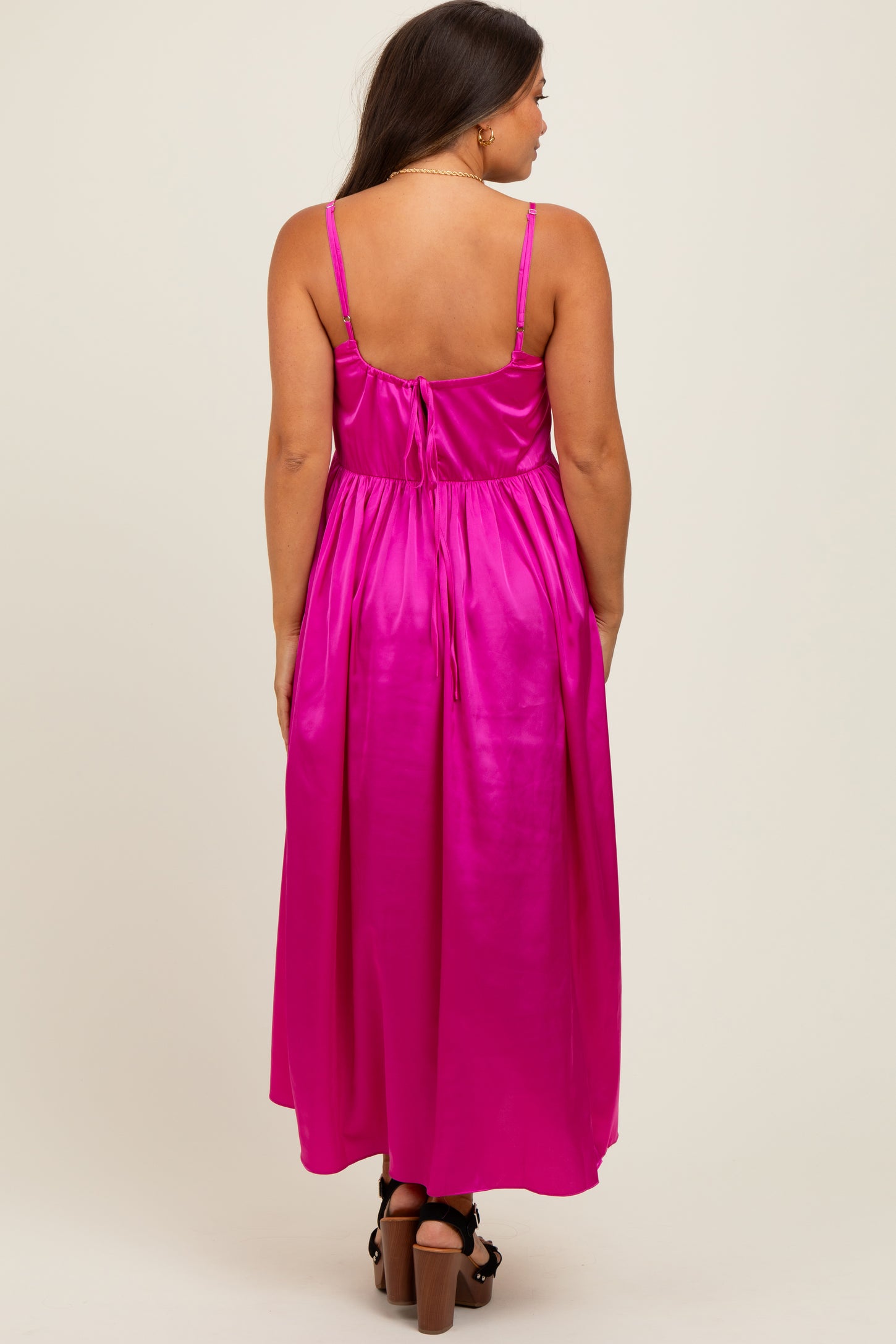 Fuchsia Satin Sleeveless Tie-Back Maternity Midi Dress
