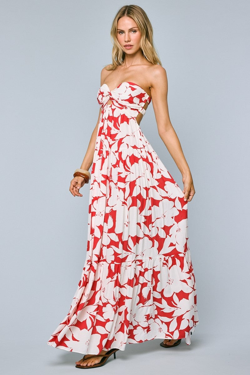 Red Floral Strapless Cutout Back Maxi Dress