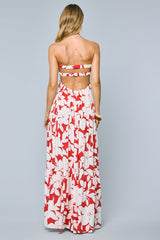 Red Floral Strapless Cutout Back Maxi Dress