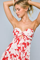 Red Floral Strapless Cutout Back Maxi Dress