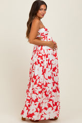 Red Floral Strapless Cutout Back Maternity Maxi Dress