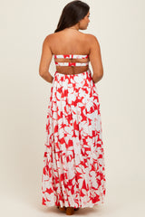 Red Floral Strapless Cutout Back Maternity Maxi Dress